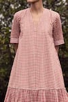 Kharakapas_Red Cotton Checks V Neck Printed Dress _at_Aza_Fashions