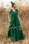 Kharakapas_Green Poplin V Neck Song Of Robin Jumpsuit _Online_at_Aza_Fashions