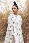 Shop_Kharakapas_White Cotton Mulmul Block Print Round Field Of Dasies Dress _Online_at_Aza_Fashions