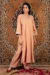 Buy_Priya Chaudhary_Peach Silk Velvet Embroidered Sequin V Neck Kurta _at_Aza_Fashions