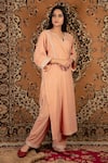 Shop_Priya Chaudhary_Peach Silk Velvet Embroidered Sequin V Neck Kurta _Online_at_Aza_Fashions