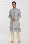 Buy_Rng Safawala_Grey Kurta And Pant Dupion Silk, Jacket French Terry Sequins Longline & Set _at_Aza_Fashions