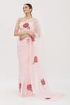 Kapardara_Pink Silk Organza Hand Painted Rose Motifs Saree  _Online_at_Aza_Fashions