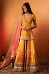 Buy_Moledro_Yellow Twill Silk Print Floral Blouse Sweetheart Chanderi Kurta Lehenga Set _at_Aza_Fashions