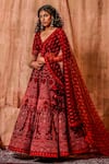 Shop_Moledro_Red Tulle And Dupion Thread & Sequin V Neck Lehenga Set _at_Aza_Fashions