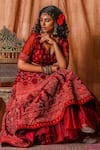 Moledro_Red Tulle And Dupion Thread & Sequin V Neck Lehenga Set _Online_at_Aza_Fashions