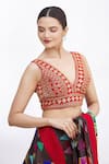 Samyukta Singhania_Red Art Silk Embroidered Floral V Neck Blouse _Online_at_Aza_Fashions