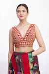 Buy_Samyukta Singhania_Red Art Silk Embroidered Floral V Neck Blouse _Online_at_Aza_Fashions