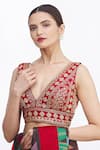 Samyukta Singhania_Maroon Art Silk Embroidered Floral V Neck Blouse _Online_at_Aza_Fashions