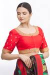 Shop_Samyukta Singhania_Red Net Embroidered Floral Round Blouse _at_Aza_Fashions