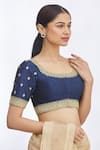 Buy_Samyukta Singhania_Blue Net Embroidered Floral Round Blouse _at_Aza_Fashions