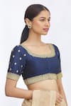 Samyukta Singhania_Blue Net Embroidered Floral Round Blouse _Online_at_Aza_Fashions