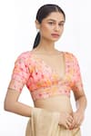 Buy_Samyukta Singhania_Pink Woven Floral V Neck Printed Blouse _at_Aza_Fashions