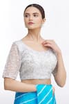 Buy_Samyukta Singhania_Silver Net Embroidered Floral Scoop Neck Blouse _at_Aza_Fashions