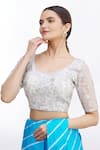 Buy_Samyukta Singhania_Silver Net Embroidered Floral Scoop Neck Blouse _Online_at_Aza_Fashions