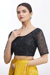 Buy_Samyukta Singhania_Black Net Embroidered Floral Scoop Neck Blouse _at_Aza_Fashions