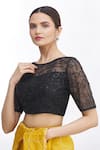 Buy_Samyukta Singhania_Black Net Embroidered Floral Round Blouse _at_Aza_Fashions