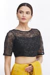 Samyukta Singhania_Black Net Embroidered Floral Round Blouse _Online_at_Aza_Fashions