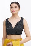 Buy_Samyukta Singhania_Black Net Embroidered Floral Leaf Neck Sleeveless Blouse _at_Aza_Fashions