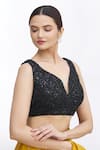 Samyukta Singhania_Black Net Embroidered Floral Leaf Neck Sleeveless Blouse _Online_at_Aza_Fashions