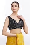 Buy_Samyukta Singhania_Black Velvet Embroidered Sequin Sweetheart Neck Blouse _at_Aza_Fashions