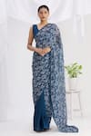 Buy_Neha Khullar_Blue Georgette Printed Floral Motifs V Neck Saree With Blouse _at_Aza_Fashions