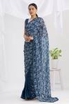 Neha Khullar_Blue Georgette Printed Floral Motifs V Neck Saree With Blouse _Online_at_Aza_Fashions