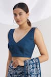 Buy_Neha Khullar_Blue Georgette Printed Floral Motifs V Neck Saree With Blouse _Online_at_Aza_Fashions