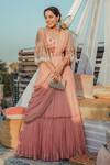 Buy_Miku Kumar_Peach Georgette Embroidered Zardozi V Neck Draped Lehenga Set With Cape _at_Aza_Fashions