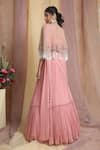 Miku Kumar_Peach Georgette Embroidered Zardozi V Neck Draped Lehenga Set With Cape _Online_at_Aza_Fashions