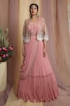 Buy_Miku Kumar_Peach Georgette Embroidered Zardozi V Neck Draped Lehenga Set With Cape _Online_at_Aza_Fashions