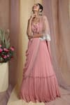 Miku Kumar_Peach Georgette Embroidered Zardozi V Neck Draped Lehenga Set With Cape _at_Aza_Fashions