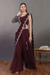 Buy_Onaya_Maroon Georgette Embroidered Sequin Pre-draped Palazzo Saree Set For Women_at_Aza_Fashions