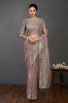 Buy_Onaya_Purple Organza Embellished Stone Round Neck Saree With Blouse  _Online_at_Aza_Fashions