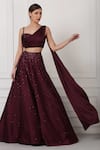 Buy_Pooja Peshoria_Maroon Satin Draped Blouse And Embroidered Lehenga Set_at_Aza_Fashions