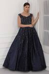 Buy_Pooja Peshoria_Blue Satin Embroidered Swarovski Crystals Sweetheart Neck Gown _at_Aza_Fashions