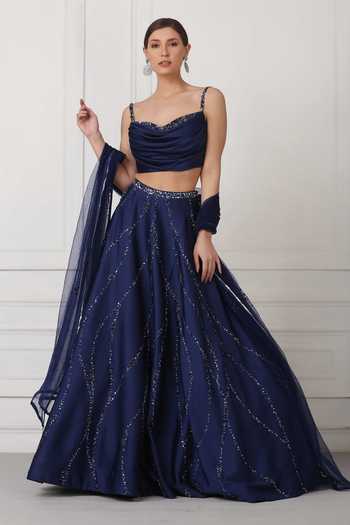 Buy_Pooja Peshoria_Blue Net, Satin Sequin, Bead, Swarovski Crystals Embellished Lehenga Set _at_Aza_Fashions