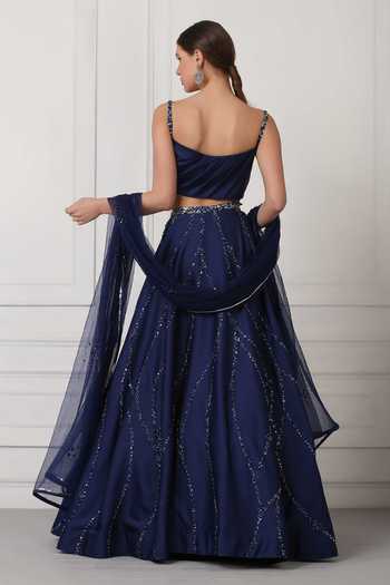 Shop_Pooja Peshoria_Blue Net, Satin Sequin, Bead, Swarovski Crystals Embellished Lehenga Set _at_Aza_Fashions