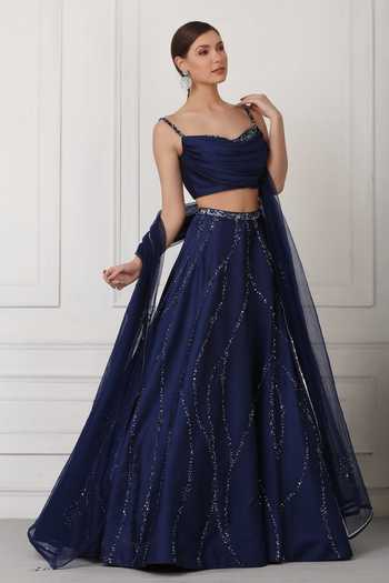 Pooja Peshoria_Blue Net, Satin Sequin, Bead, Swarovski Crystals Embellished Lehenga Set _Online_at_Aza_Fashions