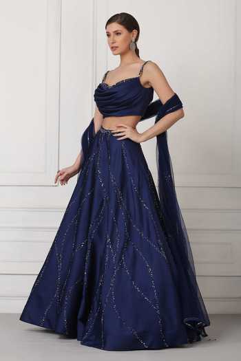 Buy_Pooja Peshoria_Blue Net, Satin Sequin, Bead, Swarovski Crystals Embellished Lehenga Set _Online_at_Aza_Fashions