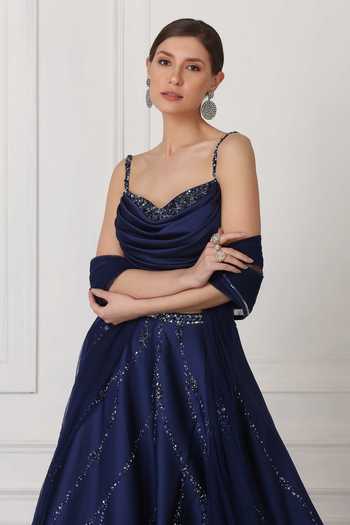 Shop_Pooja Peshoria_Blue Net, Satin Sequin, Bead, Swarovski Crystals Embellished Lehenga Set _Online_at_Aza_Fashions