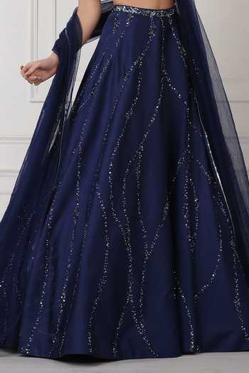 Pooja Peshoria_Blue Net, Satin Sequin, Bead, Swarovski Crystals Embellished Lehenga Set _at_Aza_Fashions
