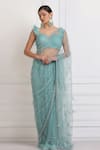 Buy_Pooja Peshoria_Blue Net Embellished Swarovski Crystals Sweetheart Neck Saree With Blouse _at_Aza_Fashions