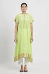 Shop_Krishna Mehta_Green Chanderi Printed Floral Boat Asymmetric Tunic _Online_at_Aza_Fashions