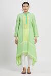 Shop_Krishna Mehta_Green Tussar Printed Geometric Mandarin Collar Asymmetric Tunic _Online_at_Aza_Fashions