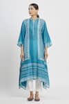 Krishna Mehta_Blue Tussar Printed Geometric Mandarin Collar Asymmetric Tunic  _Online_at_Aza_Fashions