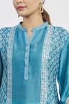 Krishna Mehta_Blue Tussar Printed Geometric Mandarin Collar Asymmetric Tunic  _at_Aza_Fashions