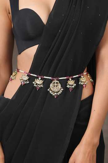 Buy_Paisley Pop_Gold Plated Pearls Crescent Moon Tasselled Kamarband _Online_at_Aza_Fashions