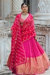 Buy_Anjana Bohra_Pink Banarasi Embroidered Zardozi Work V Neck Bridal Lehenga Set  _Online_at_Aza_Fashions