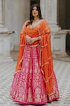 Buy_Anjana Bohra_Pink Banarasi Embroidered Zari Work V Lehenga Set With Organza Dupatta _Online_at_Aza_Fashions